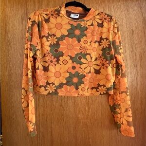 Noisy may Orange Floral Long Sleeve Mesh Top